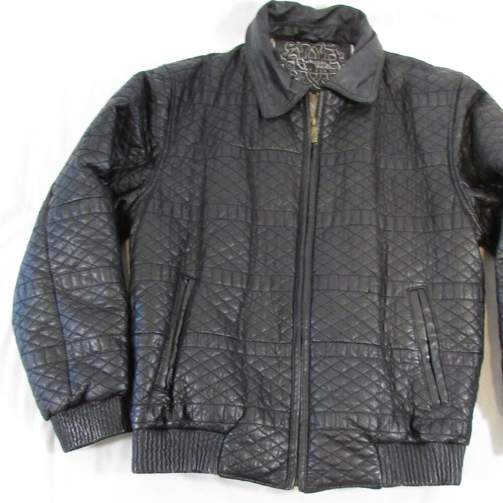 VINTAGE Bubble Well NY Leather Jacket M Black Geometric Stiching Design